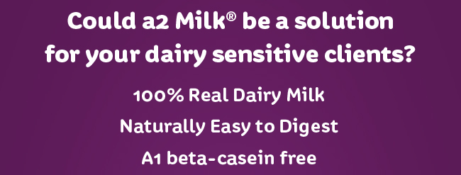 Could a2 Milk(R) be a solution for your dairy sensitive clients? 100% Real Dairy Milk. Naturally Easy to Digest. A1 beta-casein free.