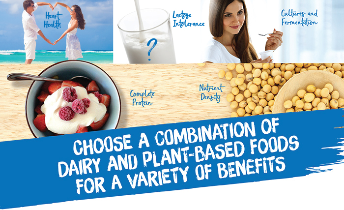 Choose a combination of dairy and plant-based foods for a variety of benefits: heart health, complete protein, nutrient density, cultures and fermentation