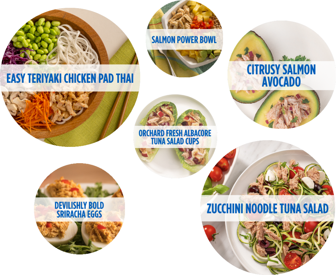 EASY TERIYAKI CHICKEN PAD THAI | SALMON POWER BOWL | CITRUSY SALMON AVOCADO | ORCHARD FRESH ALBACORE TUNA SALAD CUPS | DEVILISHLY BOLD SRIRACHA EGGS | ZUCCHINI NOODLE TUNA SALAD
